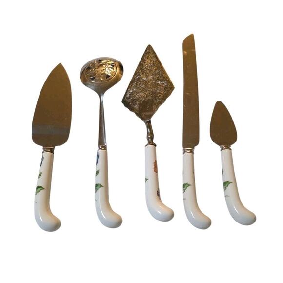 Prill Sheffield England Lot Of 5 Serving Utensils Floral Ceramic Handles - Picture 2 of 3